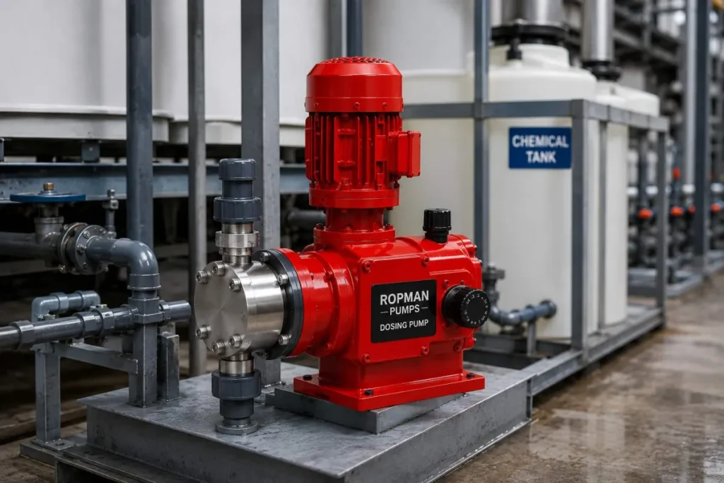 Chemical dosing pump next to chemical tank in an apartment STP