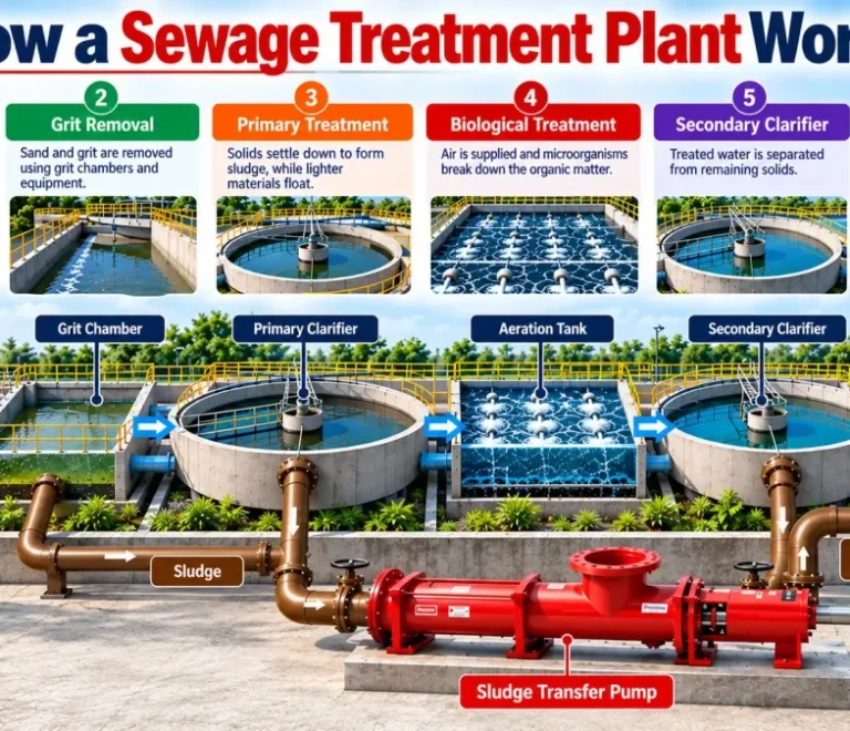 Sewage treatment plant design layout from inlet screening to disinfection