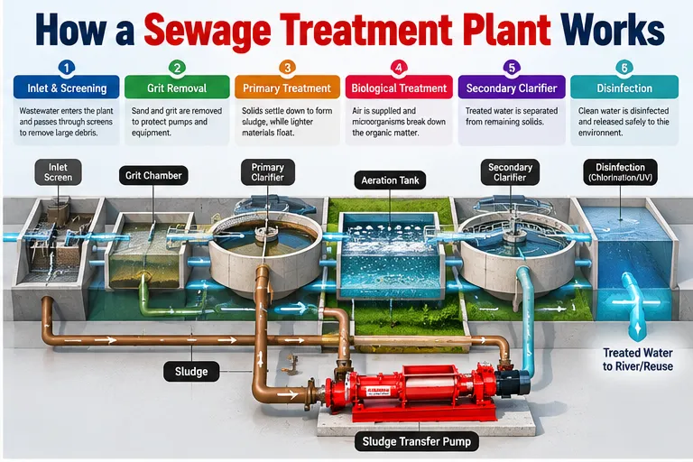 Process flow of an STP plant for apartment: screening, aeration, clarifier and disinfection