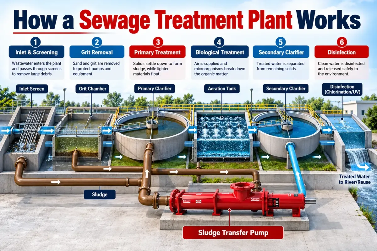 STP plant process diagram showing how a sewage treatment plant works